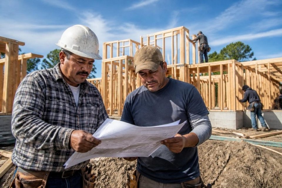 Contratistas revisando planos en una obra en construcción