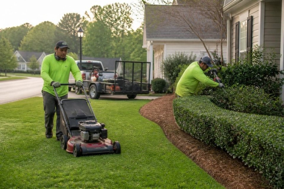 Cuadrilla de landscaping podando y cortando el pasto de una casa