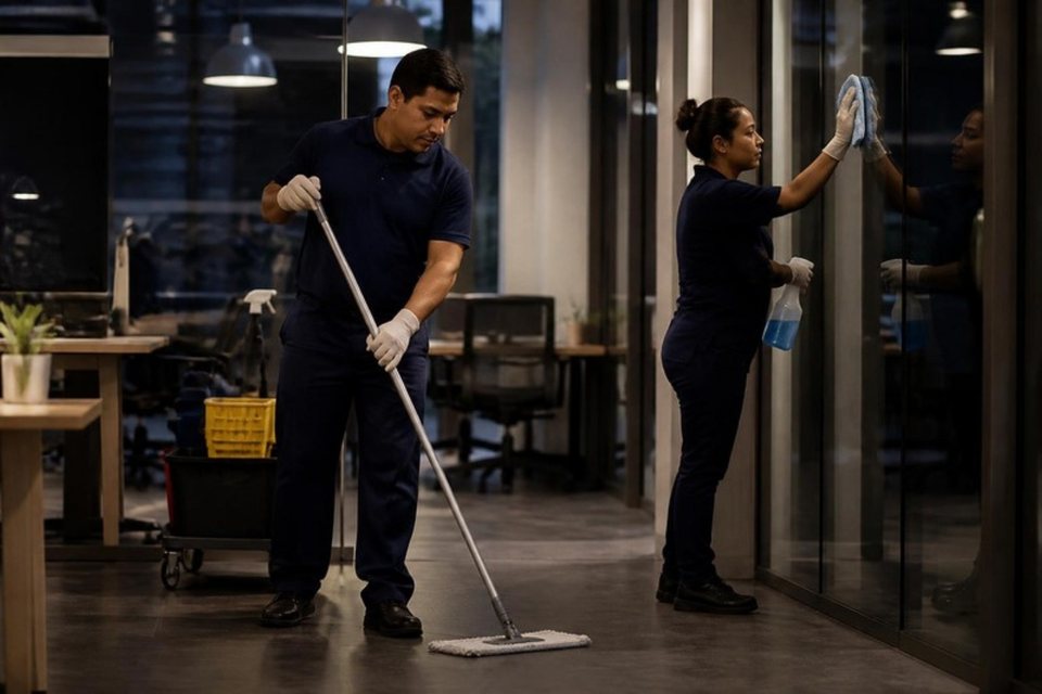 Personal de limpieza trabajando en una oficina