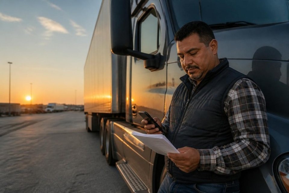 Owner-operator revisando documentos junto a su tractocamión