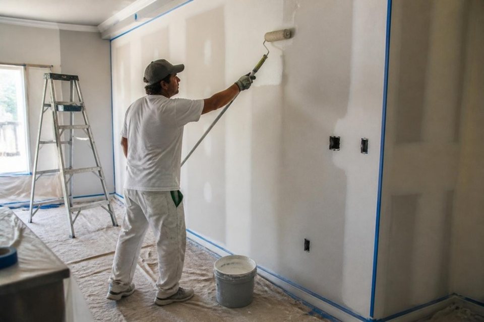 Pintor aplicando pintura sobre drywall nuevo