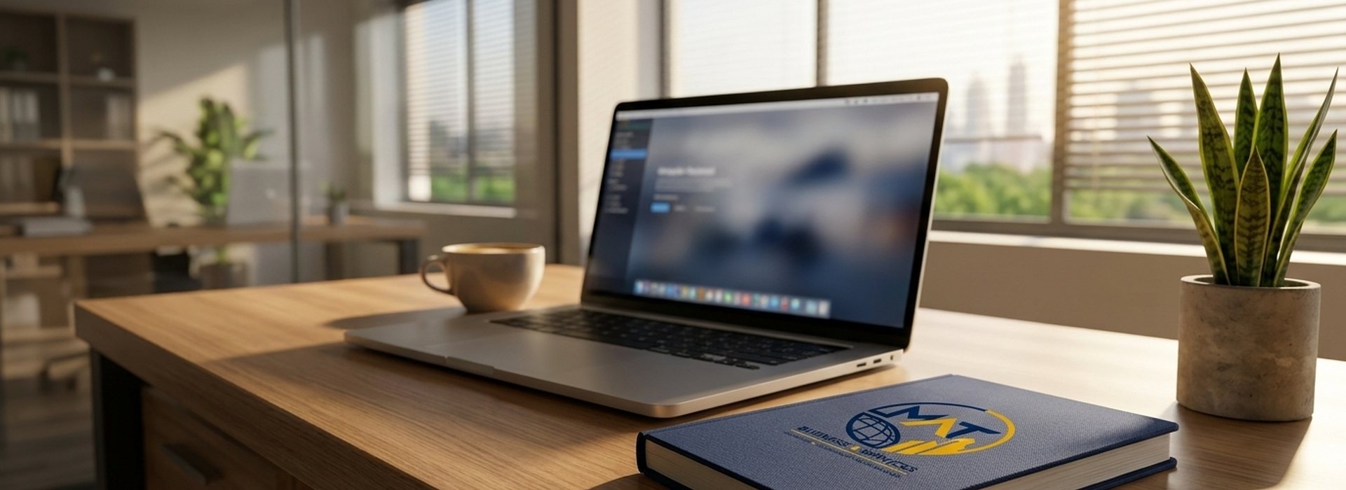 Escritorio con laptop y libreta de MAT