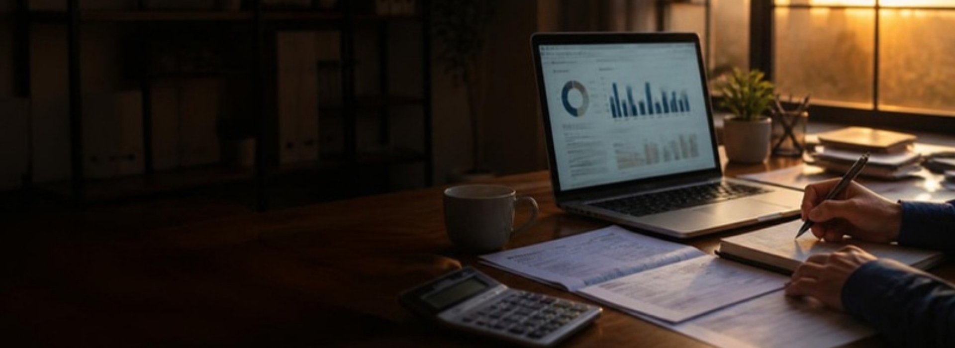 Escritorio con laptop, reportes financieros y calculadora