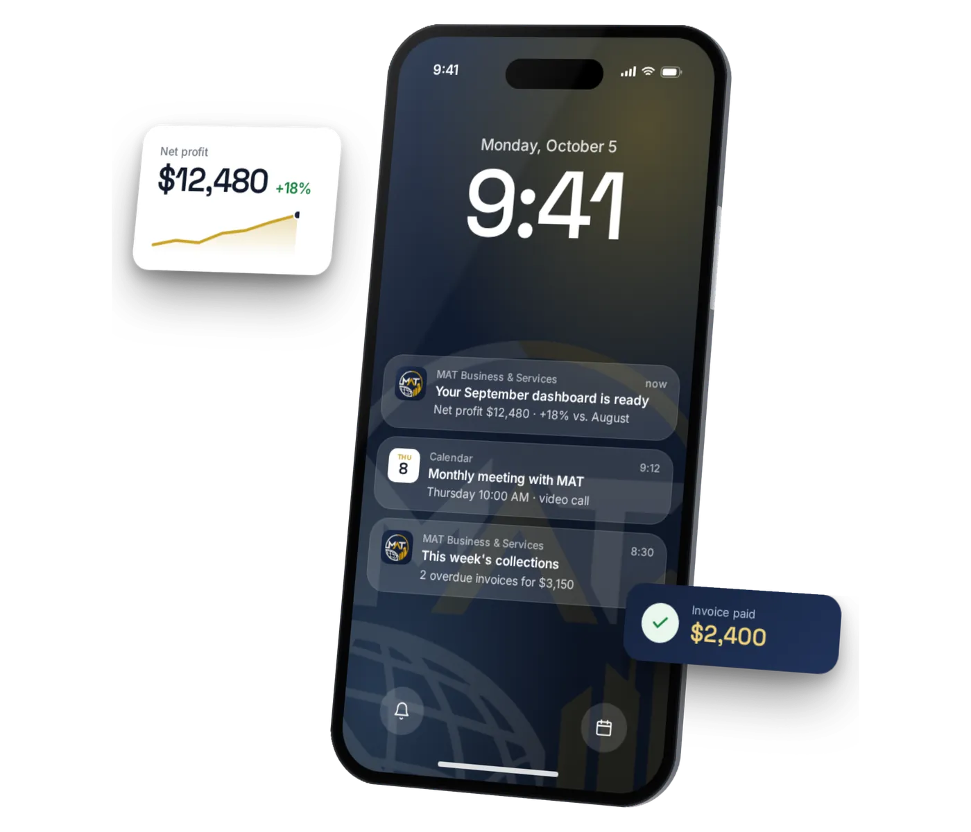 Phone with MAT alerts: dashboard ready, monthly meeting and this week's collections