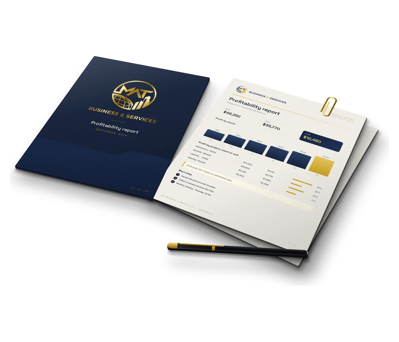 MAT folder and monthly profitability report with a profit-by-month chart