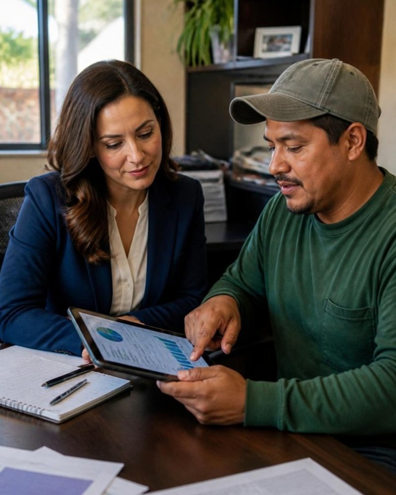 Asesora revisando en una tablet los números de un cliente